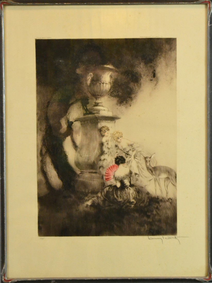 LOUIS ICART AQUATINT ON PAPER: Depicting a pastoral scene, with Greican urn, three beauties and a fawn, colored a la poupee, pencil signed lower right, with embossed mark lower left reading LI, Paris, with further pencil inscriptio