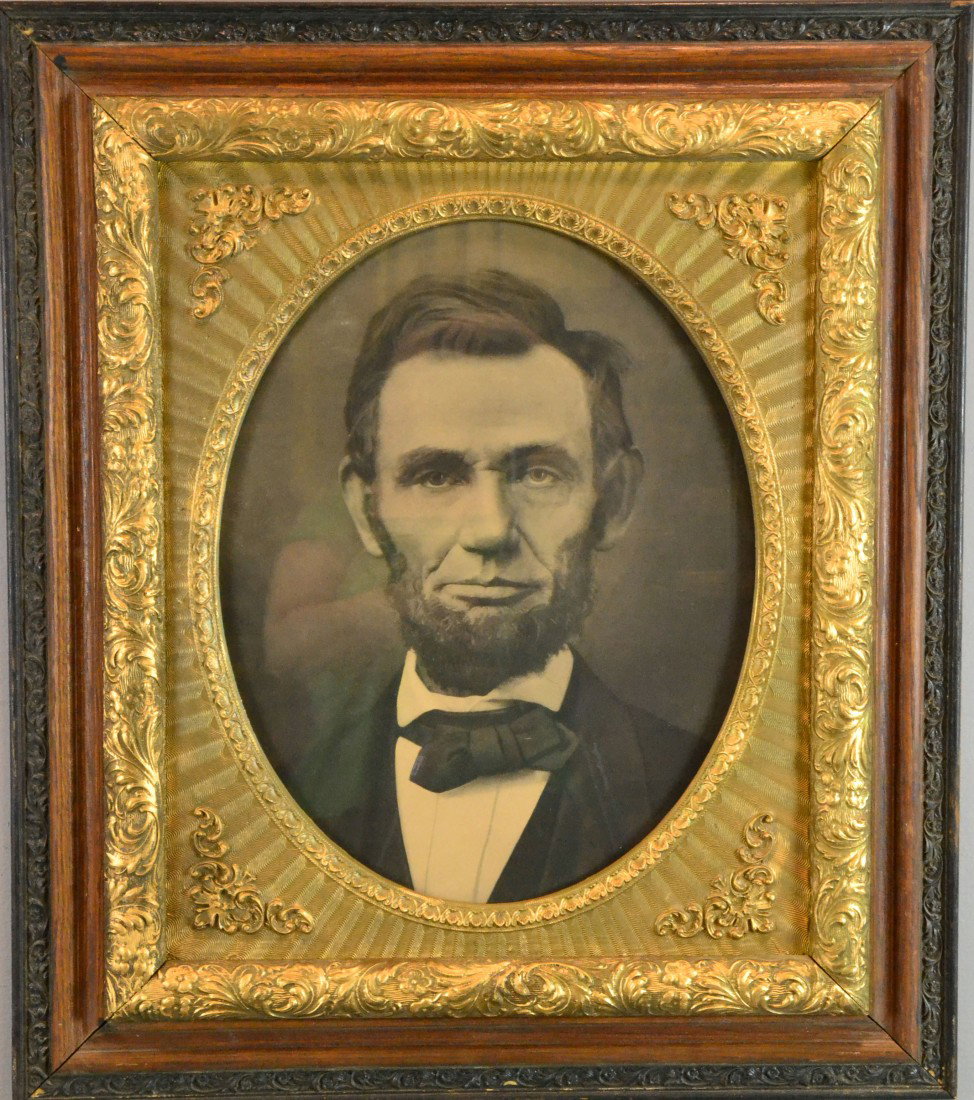 ABRAHAM LINCOLN LITHOGRAPH: Abraham Lincoln lithograph of a photo by Moses Rice 11/8 1863, H 19" x W 15" H 31" x 27" Private collection Madison Heights Mi.