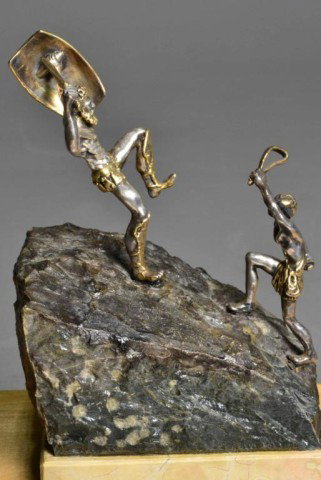 YAACOV HELLER BRONZE SCULPTURE: David and Goliath bronze figures, by Yaacov Heller (1941- ) Israeli artist, known for his sculptures, 20" H x 5" L x 4" W. Private collection Auburn Hills Mi.