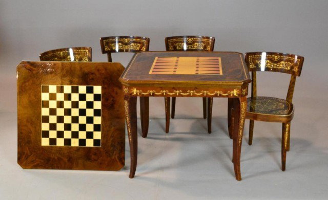 (5) PCS. ITALIAN MULTI-PURPOSE GAMING TABLE: Striking intricately-designed gaming table and four chairs, applied veneer scrollwork/bird/floral decoration with large charioteer in center of table, having removable tabletops for individual games: 