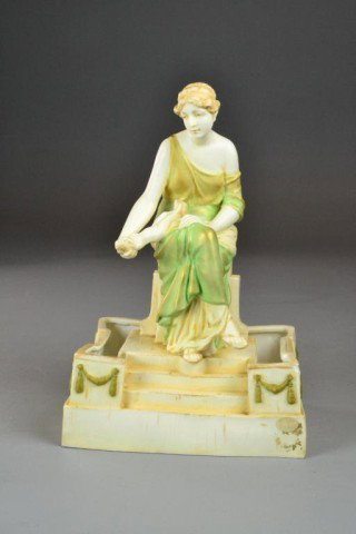 ROYAL VIENNA FEMALE STATUARY/PLANTER: Beautiful Neo-classical figural planter of reflective woman holding Venus di Milo in her hand, marked on bottom 1635 910 14 in brown slip, embossed serial number 1635 12, has green rhombus embossed wi