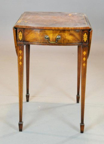 ONE-DRAWER INLAID LEATHER PEMBROKE TABLE: Mahogony Hepplewhite style Pembroke single-drawer table with demi-lune leaves, bellflower and paterae inlay on front legs, leather top with gold embossing, fluted square tapering legs, 28" H x 18" x 2