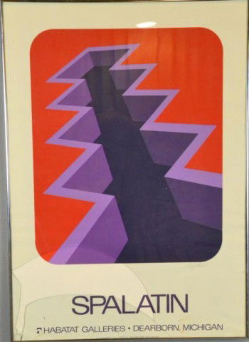MARKO SPALATIN SERIGRAPH: A serigraph poster red, with three tones of violet,with geometric design, on the bottom in bold print SPALATIN, Habatat Galleries, Dearborn Michigan, titled "Figure Xl," Signed LR in pencil, by Croati