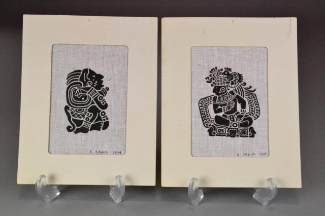 (2) SIGNED E. CANUL PAINTINGS ON FABRIC: Two Mayan paintings on fabric, signed LR E. Canul 1979, verso Eleizer Canul, Fiste, Yuc., Mexico, 6.5" H x 4.5" W sight, 10" H x 8" W matting, Private collection Columbiaville, Mi.