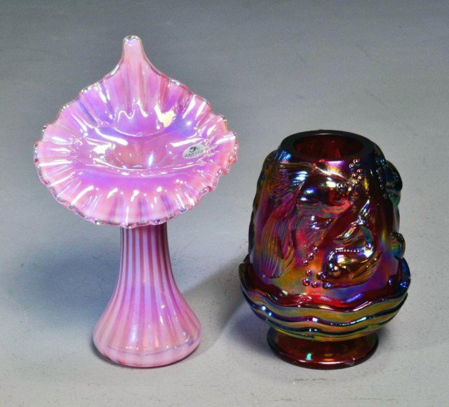 (2)Pieces Fenton Art Glass One Signed: To include a Jack in the Pulpit irridescent striped vase, and a carnival glass fairy lamp , signed "2001 Thomas K. Fenton #1707" tallest is 7.25"H. Private Collection Rochester Hills, Michigan