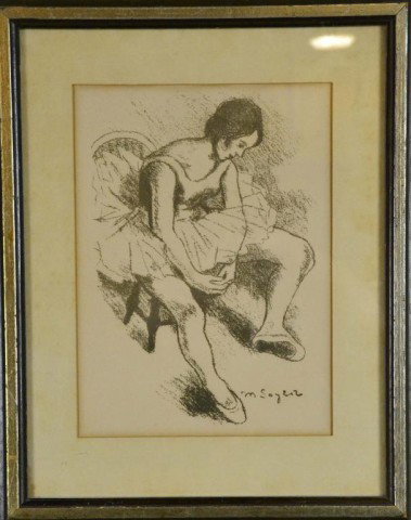 MOSES SOYER BALLERINA LITHOGRAPH: Seated ballerina lithograph, signed LR in the plate, by Moses Soyer 1899-1984, verso certificate of authentication from The Collector's Guild LTD, 10" H x 7.5" W sight, 16" H x 12" W, circa 1960's. Pr