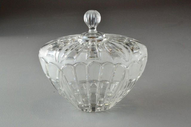 FROSTED AND SCALLOPED GLASS CANDY DISH: A frosted and scalloped glass candy dish, with a finial handle on the frosted and scalloped glass cover, 8.5" H, circa mid to late 20th century. Private collection Grosse Pointe, Mi.