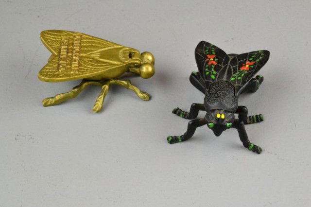 (2) FLY BOXES - CAST IRON AND BRASS: Including two decorative boxes in the shape of houseflies, one black cast iron with polychrome painted decoration the other is heavy brass with "Laidlaw Wire, Peoria, ILL" on wings, both have hinged b