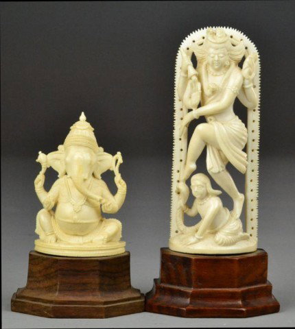 (2) Carved Ivory Indian Figures on Stands: Nicely carved ivory figures of Ganesh and Snake Goddess, both on hardwood stand, overal 5" without stand. Private collection Madison Heights, MI.