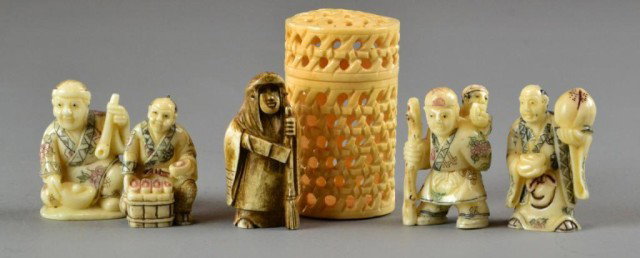 (6) Pcs. Japanese Ivory Netsuke Inc. (1) Bone Case: To include five ivory netsuke, with inked and dyed elements, finely carved to depict men, one with a small chid on his back, in various posses, one signed, together with a bone container, largest piec