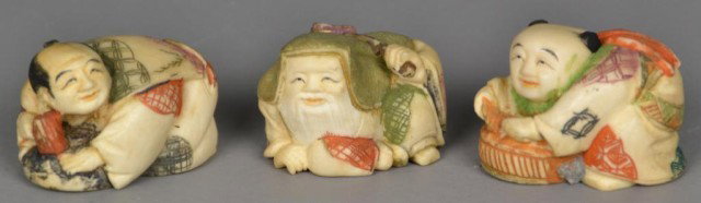 (3) Japanese Polychrome Ivory Netsuke: Finely carved to depict three elders all with same character mark to underside, all roughly the same size, tallest is 1.25" H, circa early 20th century. Private collection Oxford MI.