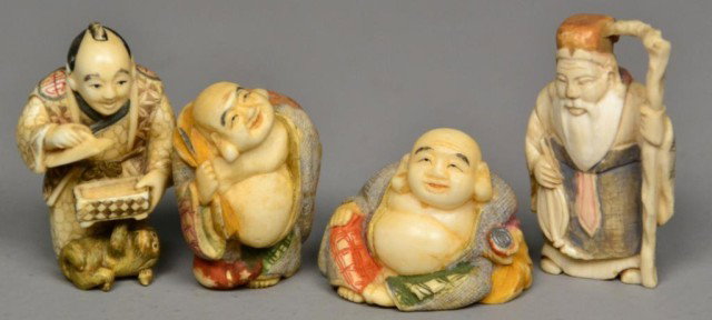 (4)Japanese Carved Polychrome Ivory Netsuke: Probably Meji peroid, finely carved and painted, to depict elders in different poses, tallest is 2.125" H. Private collection Oxford MI.