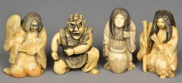 (4) Japanese Ivory Netsuke: Finely carved to depict four mytholgicla figures, all signed however only two bear the same mark, with inked and dyed elements, tallest is 2" H, circa early 20th century. Private collection Oxford MI.
