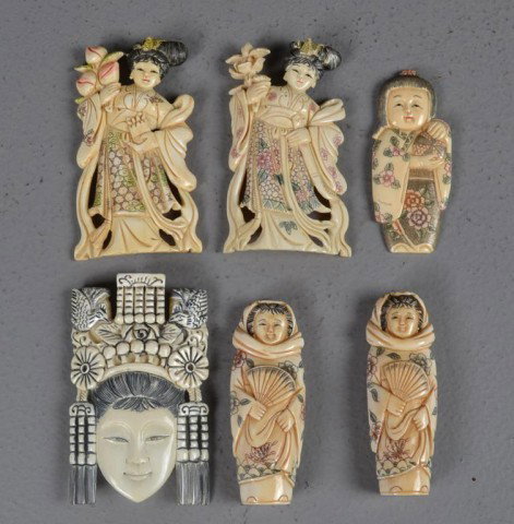 Chinese Carved Ivory Polychrome Plaques: Finely carved and painted, to include two girls with fans, two girls carrying flowers, a young girl with a ball, and the face of a woman with decorative headdress, some signed, with inked and dyed ele