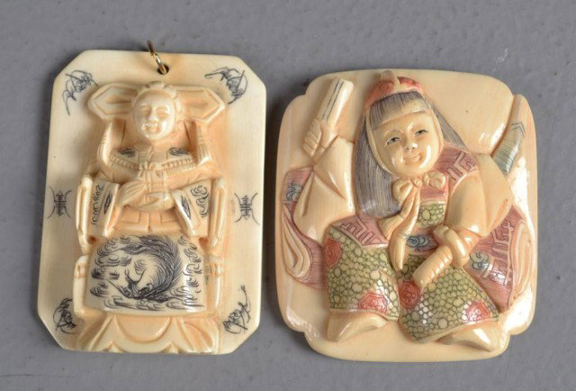 (2)Chinese Carved Ivory Polychrome Plaques: Finely carved and painted, one to depict a woman seating on a throne, with carved arrow design on reverse, the carved to depict a warrior with two character mark within a red rectangle on reverse, tal