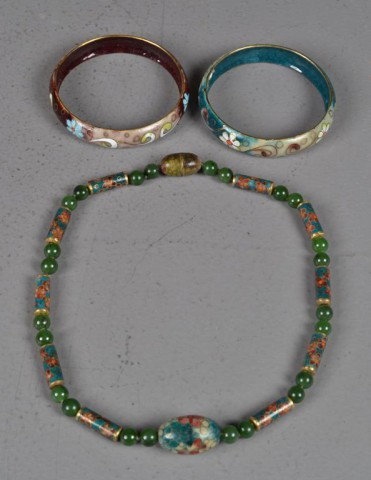 (3) Chinese Pcs. Cloisonne Jewelry: To include a necklace with jade beads interspurced with gilt bronze and cloisonne tubular beads all finely enameled to depict lotus together with two cloisonne bangle bracelets each finely enameled to