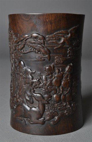 Chinese Finely Carved Huanghuali Brush Pot: Finely carved Huanghuali wooden brush pot with figural scene on one side and calligraphy on the other, 6.25" H x 4.25" Diameter. Private collection Rochester Hills, MI.