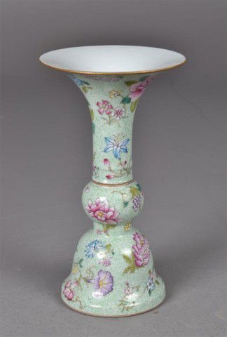 Small Chinese Famille Rose Hua Gu Vase: Small porcelain Hua Gu vase with flaring rim and bell-shaped foot, finely decorated with enamelled grapes, roses, lilies, chrysanthemums and morning glories over a light green painted tendril decorati