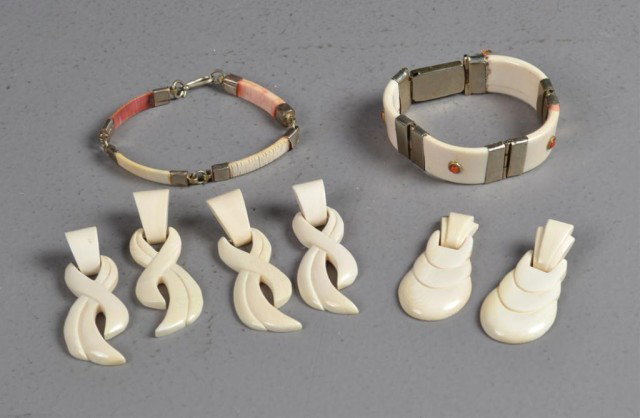 (3)Pr. Ivory Earrings & (2)Ivory Bracelets: Finely carved, one bracelet with five coral beads, both bracelets with silver metal hinges, some pieces requiring minimal repairs, earrings carved in different styles, circa 20th century. Private coll