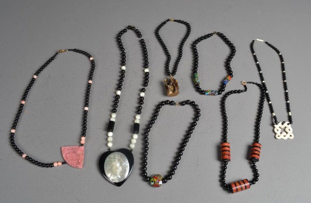 (7)Chinese Onyx & Various Stone Necklaces: Finely carved, to include a heart shaped pendant with mother of pearl inlay, on carved netsuke pendant, and various others, longest is 30.75"L. Private collection Oxford MI.