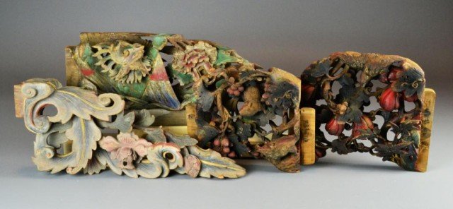 (4) Chinese Polychrome Architectural Pieces: Two pair similarly carved wooden polychromed architectural signed pieces depicting squirrels in grapes, birds and blossoms along with pair acanthus leaf and floral detailed pieces, tallest is 18.5" H.