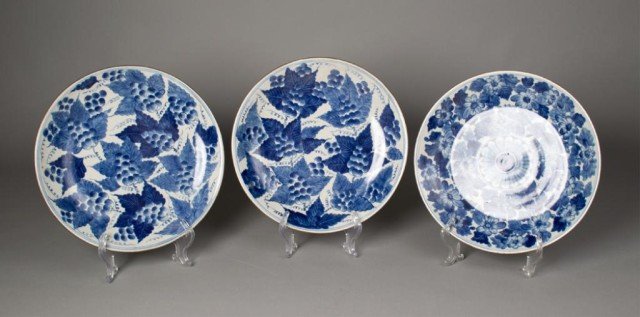 (3) Large Chinese Blue & White Basins: All three decorated with flowers and fruit decorations each with six character mark in underglaze blue for Shynzhi made for the Southeast Asian market, 12.25"D X 1.5"H circa early 20th century,