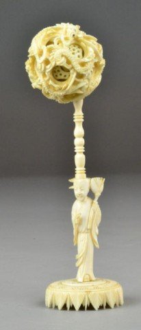 Chinese Carved Ivory Puzzle Ball: Intricatedly carved ivory puzzle ball 2" Diameter with 5.75" stand. Private collection Madison Heights, MI.