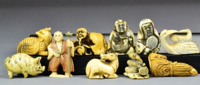 (10) Japanese Carved Ivory Netsukes: Variety of carved ivory netsukes (crane,snake, horse, rooster, etc.) overall 2" H. Private collection Madison Heights, MI.