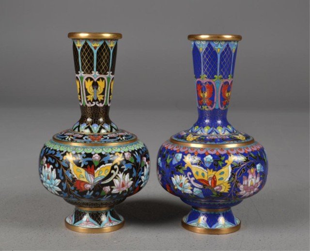 Pr. Chinese Cloisonne Vases: In the Islamic style depicting butterflies and lotus, 7.25"H, circa early 20th century. Private collection Grand Rapids, MI.