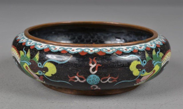 Chinese Cloisonne & Bronze Basin: Finely enameled to depict dragons to both the exterior and interior of the basin red china mark to base, 8"D X 2.75"H, circa late 19th century. Private collection Grand Rapids, MI.