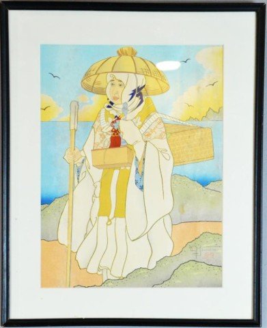 Signed Woodblock Print Of A Woman In Asian Garb: Detailed depiction of a woman with a straw hat, cane, long gown, carrying a backpack up a hill, hillscape, water, and sky in the background, signed in pencil LR Paul Jasonbil? With stamp of a red mapl