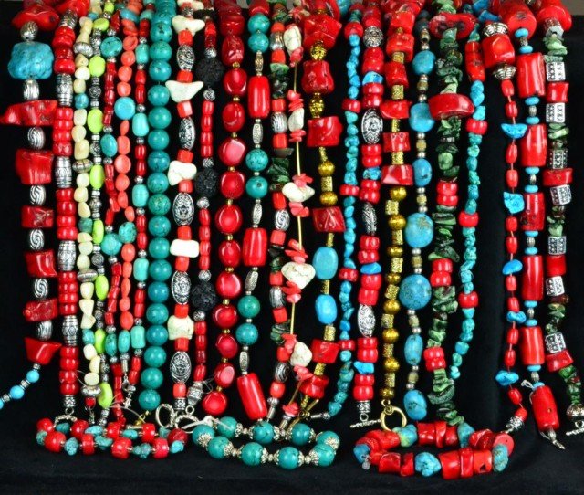 (27) Pcs Chinese Turquoise & Red Coral: Twenty-seven different contemporary hand-made necklaces and bracelets using a similar variety of beads: irregular red coral 15-22 mm, barrel beads, turquoise gem round beads & nuggets of many sizes an