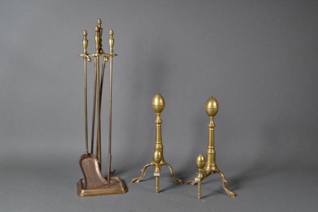 Pr. Antique Lemon Top Andirons& (4) Piece Tinder: To include a pair of early brass andirons with lemon finials on both the andirons and log stops, on queen Ann feet, 19"H, together with a four piece brass fireplace set with urn form handles and acorn