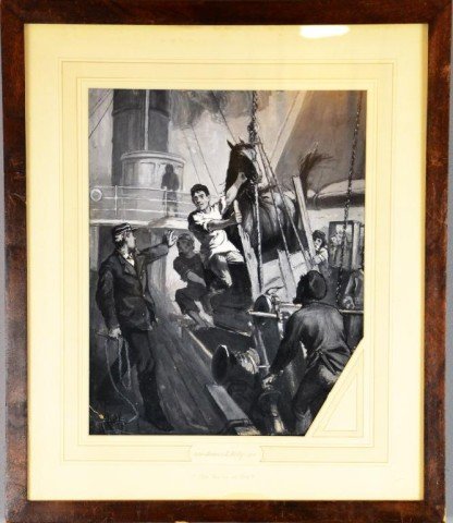 American School 1878 James E. Kelly Wash On Board: Depicting a horse being carted onto a boat, signed LL Kelly, 1855 James E. Kelly 1933, "The Horse At Sea" printed on matting, verso The Leonard Clayton Gallery New York, N.Y. "The Horse At Sea," St. N