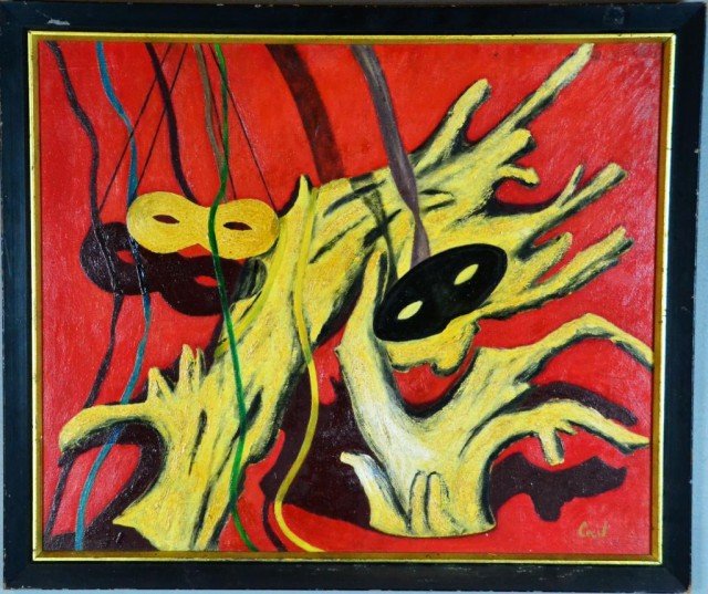 Cecil Oil Painting On Board Of Masks: Depicting masks with dead tree trunks, against a red background, signed LR Cecil, 22.5" H x 26.5" W, circa 20th century.