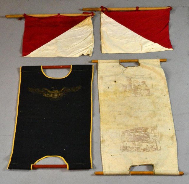 (3) Pcs. Semaphore Flags and Wood Carriers: To include two canvas wood carriers along with a set of red/white signal flags, circa 20th century. Private collection Columbiaville, MI.