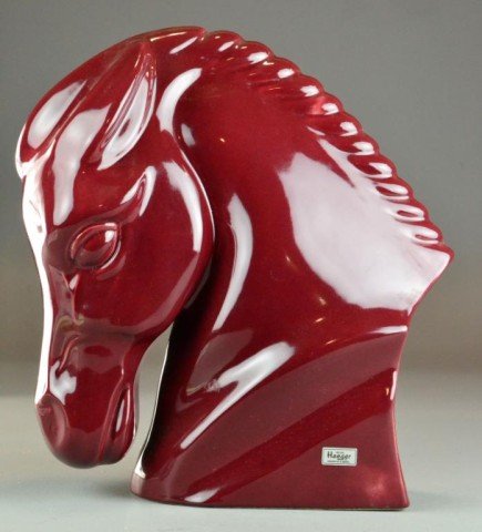 Royal Haeger Pottery Horse Head: Very nice pottery horse's head with burgundy glaze, 14.5" H x 13" L x 5" W, circa mid-20th century, excellent condition. Private collection Birmingham, MI.