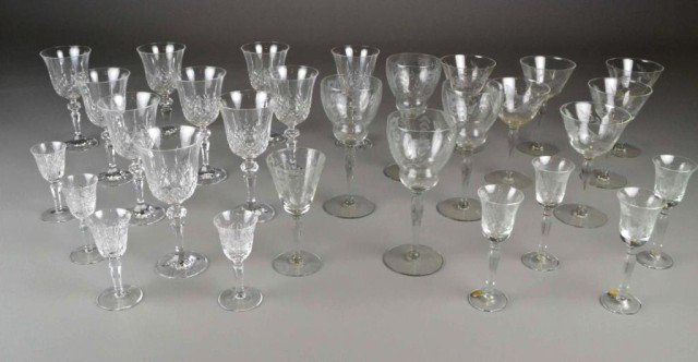 (29) CRYSTAL & ETCHED GLASS STEMWARE: Various patterns and sizes of pressed and etched wine goblets, martini glasses and liquor glasses. Some are chipped. Private collection Troy, MI.