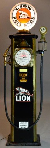 Antique Gas Pump - Lion Knix Knox: Brass, pump handle, pumps Ethyl, has white glass pump light with Lion logo in black and orange , Bowser clock face measure, 80" H x 25" W x 11" D. Private collection Madison Heights, MI.