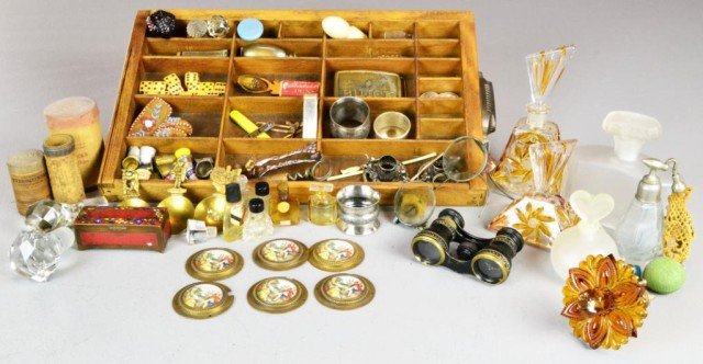 (over 100) Pcs. of Victorian Decorative Arts: Consisting of glass perfume bottles and misc. glass stoppers, amber glass curtain tieback, many thimbles, small cloisonné box, opera glasses, 13 dice, antique driving goggles, silver napkin rings and