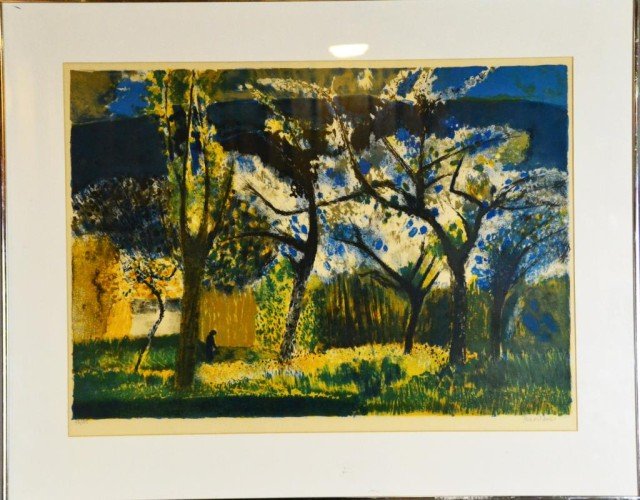 Bardone Landscape Lithograph On Paper: Depicting a figure in silhouette surrounded by trees, signed in pencil LR Bardone, LL 78/125, 19" H x 26" W sight, 26" H x 33" W frame, circa 20th century.