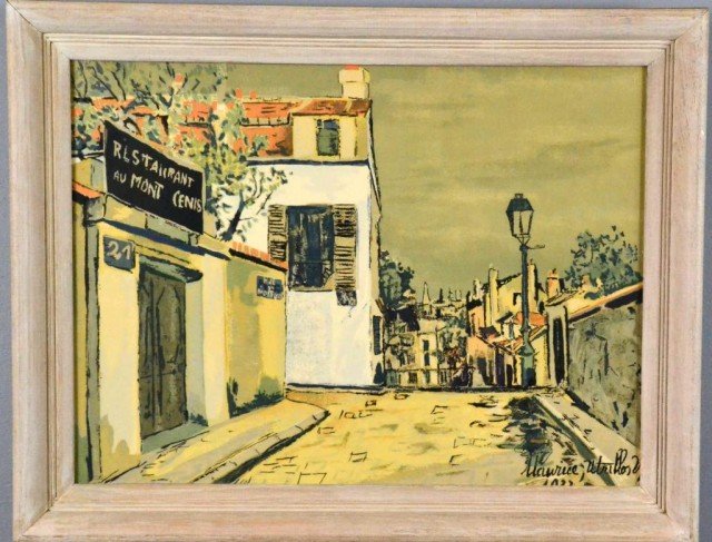 UTRILLO COLORED LITHOGRAPH: French street scene, signed in plate LR Maurice Utrillo 1932. 21.5" H x 28" W sight and frame. Private collection Troy, Mi.