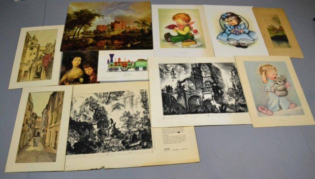 11 PRINTS & LITHOGRAPHS VARIOUS SIZES: A wide variety of subject matters varying from three prints of young children, a colorful train print, two Piranesi repro prints, Two pen and ink original Italian street scenes signed LR, early 20th c