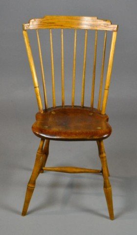 An American Bird Cage Windsor Chair: With planked seat, shaped rail and turned legs, 37" H x 17" D x19.5" W, circa early 19th century, condition with an early refinish and some loose joints. Private collection Waterford, Mi.