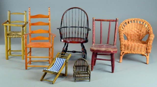 (7) American Minature Wood & Wicker Chairs: To include Windsor example, wicker examples, and others, the largest is 13" Tall, circa mid century.