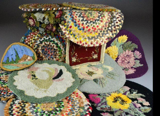 (13) American Hooked & Needlepoint Textiles: Including one square pattern, the remaining are oval in shape, with various patterns and colors, largest 15" D, circa early to mid 20th century.