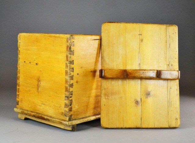 American Dovetailed Pine Box And Cover: With dovetailed case, bracket base, possibly an old butter churn with no guts, 16" H x15" W x 11.5" D circa 19th century. Private collection Oxford, Mi.