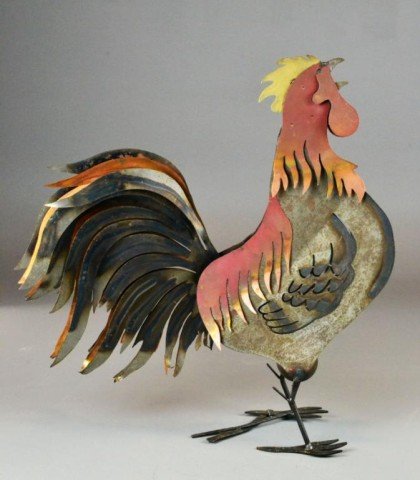 Metal Rooster With Weighted Tail: Representing various metals ranging from polished copper to dull metal, tail has a weighted ball, which causes a back and forth movement, 20" H x 20" W, circa 20th century.