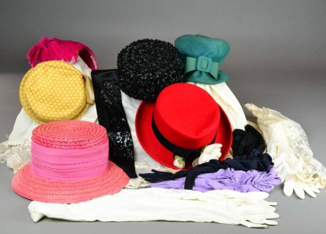 (21) PCS. MISC HATS, GLOVES, BELTS: Vintage collection of ladies' accessories including hats made of silk, pink feathers, woven straw and burlap along with slips, scarves, gloves and one black heavily-beaded belt, circa 1950's, conditio