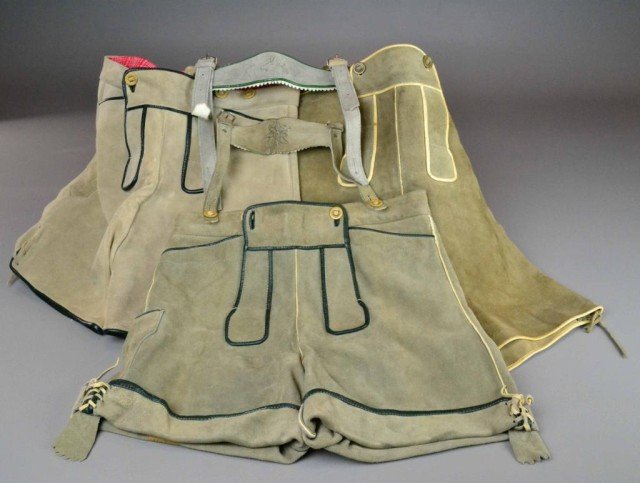 (3) PAIR GERMAN LEDERHOSEN: Suede leather set of three pair of Lederhosen, German cultural dress, look like shorts with suspenders. Good condition. Private collection Troy, MI.
